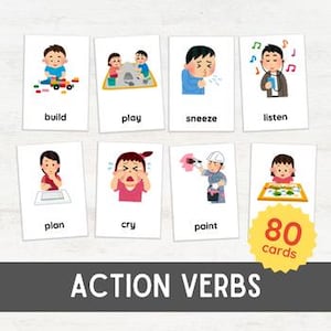 80 アクション動詞フラッシュカード | 3 部構成の絵合わせ言語療法語彙 | ホームスクール用印刷可能モンテッソーリ風