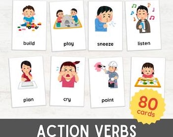 Tarjetas didácticas de 80 verbos de acción / Vocabulario de terapia del habla con imágenes de 3 partes / Imprimible para educación en casa inspirado en Montessori