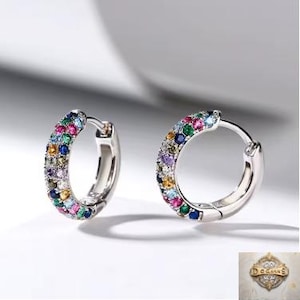 Sterling Silver Rainbow Hoop Earrings – Colorful CZ Huggie Hoops for Women