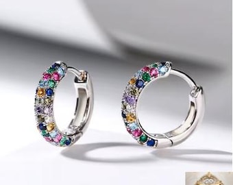 Sterling Silver Rainbow Hoop Earrings – Colorful CZ Huggie Hoops for Women