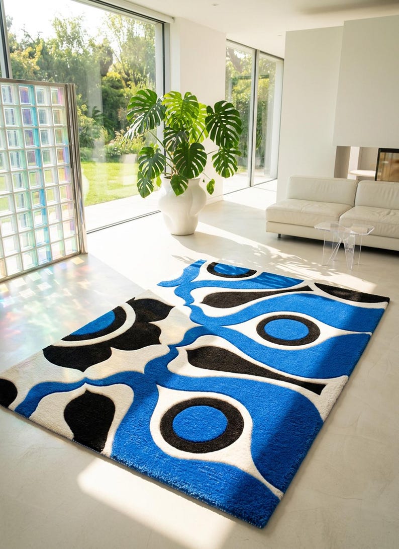 Textured Rug Patterns Abstract Wave Tufted Rug - Handmade Bold Blue Black Cream Carpet, 70s ...