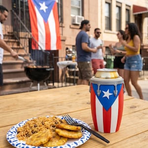 May include: A cylindrical beverage cooler designed to resemble a conga drum, featuring the red, white, and blue colours of the Puerto Rican flag with a white star. A plate of rice with beans and fried plantains sits next to a black plastic fork.
