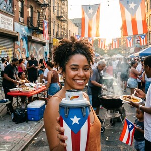 May include: A cylindrical beverage cooler designed to look like a conga drum, featuring the Puerto Rican flag pattern with red and white stripes, a blue triangle, and a white star. The cooler holds a silver and orange Celsius drink can.