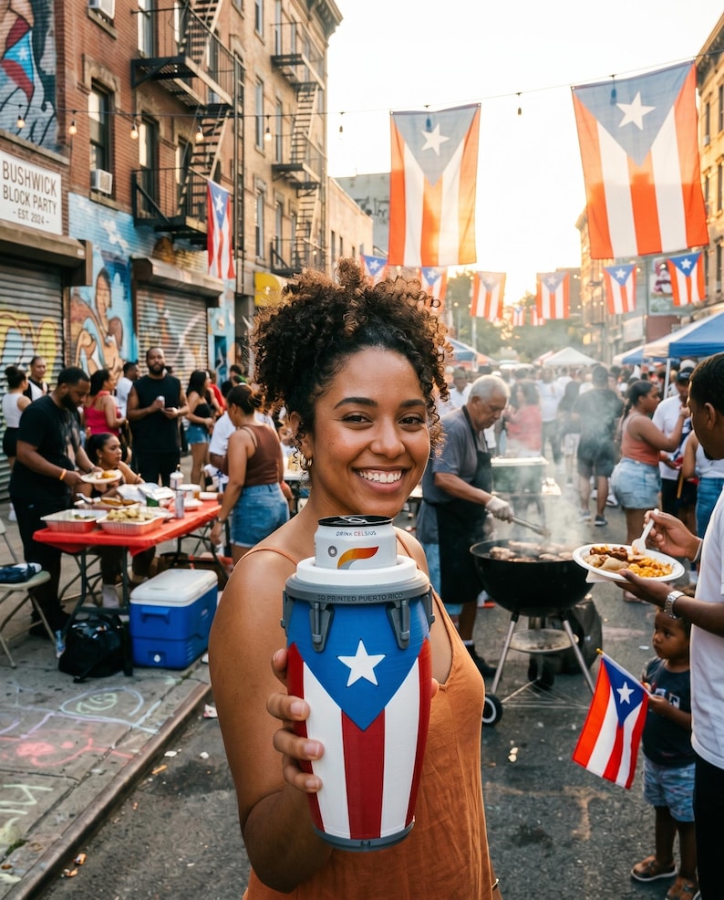 May include: A cylindrical beverage cooler designed to look like a conga drum, featuring the Puerto Rican flag pattern with red and white stripes, a blue triangle, and a white star. The cooler holds a silver and orange Celsius drink can.