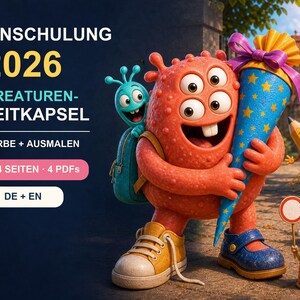 Einschulung 2026 Zeitkapsel PDF / Lustige Kreaturen / Deutsch + Englisch / Farbe & Ausmalen / Geschenk Schulstart