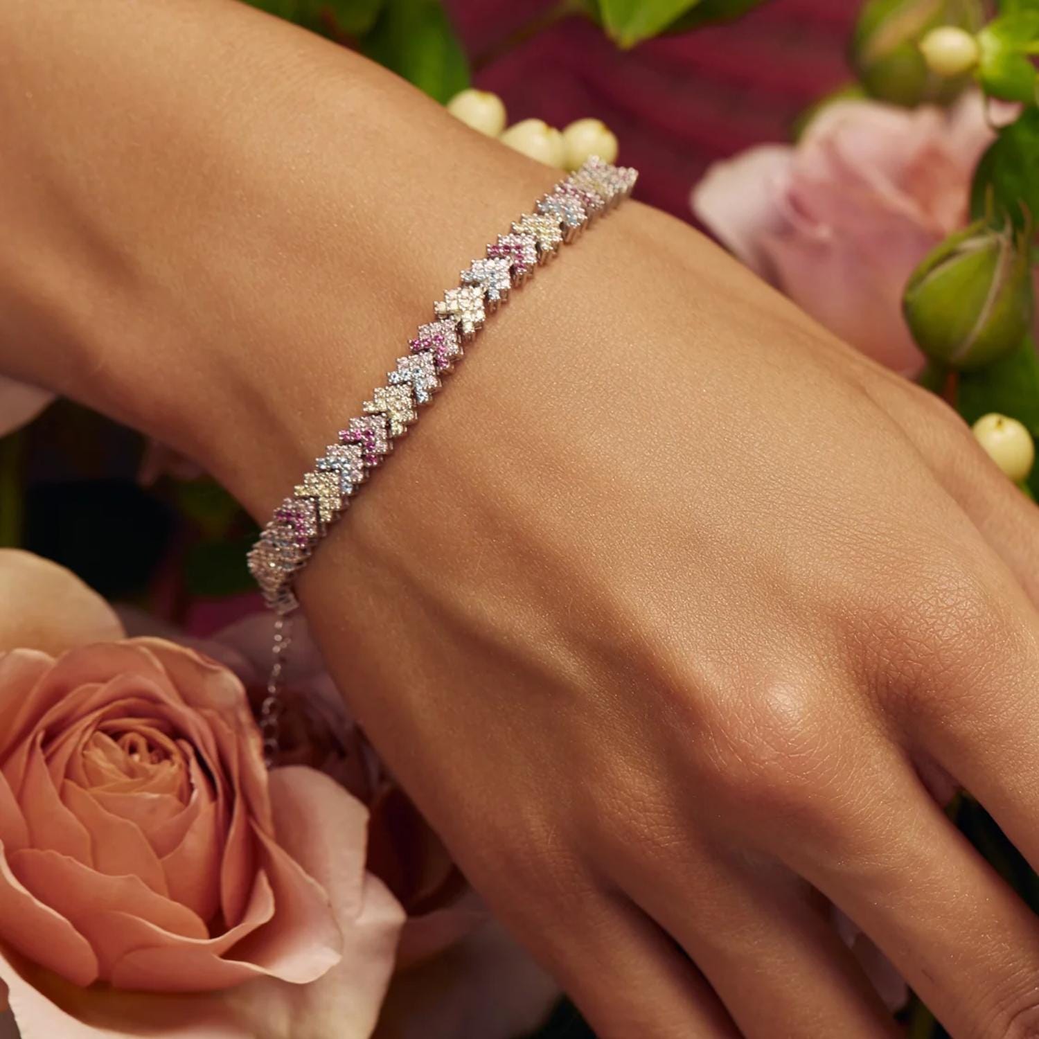 Tennis Bracelet with Multicolor Cubic Zirconia – Rhodium Plated Jewelry Set – 925 Silver - Elegant Gift for Women
