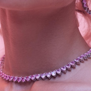 Halskette Choker, Herzform für Frau, weiße & rosa Zirkonia, Iced Out Bling Schmuck für Frauen, Geschenk zum Valentinstag
