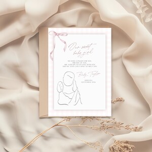 Pink gingham and bow pregnancy announcement cards, social media posts, editable template, hand drawn illustration, baby announcement cards