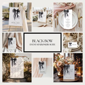 Może przedstawiać: Kolaż papeterii eventowej z czarnym motywem kokardy. Zawiera zaproszenia, menu, wizytówki i plan stołów. Wyświetlany jest tekst "BLACK BOW EVENT STATIONERY SUITE". Odpowiedni na wesela i specjalne okazje.