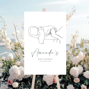Classic black and white baby shower sign, hand drawn baby laying in arms illustration, Gender neutral baby shower, minimalist welcome sign