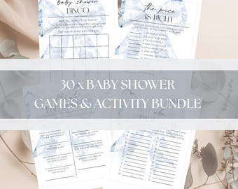 Pacchetto di giochi per baby shower con fiocco in toile chinoiserie blu, giochi divertenti per baby shower a tema blu, bellissime decorazioni per baby shower