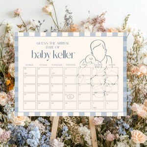 Blue Gingham Baby and Bunny Due Date Calendar, Guess The Arrival Date Game, Baby Shower Games, Baby Illustration, Baby Boy Printable Game