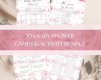 Paquete de juegos para baby shower con lazo rosa. Divertidos juegos para un baby shower con temática rosa. Hermosa decoración para baby shower.
