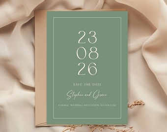 Simple green and cream save the date editable template, minimalist invitation design, modern save our date cards, customisable invite