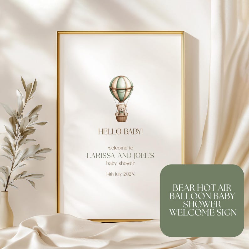 Teddy Bear Hot Air Balloon Baby Shower Welcome Sign | Minimalist Baby ...