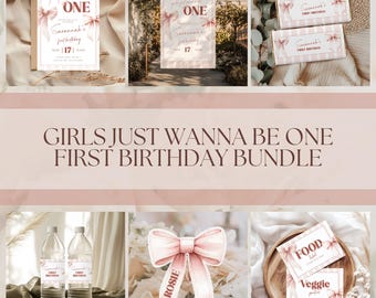 Girls Just Wanna Be One First Birthday Bundle, Pink Coquette Bow Birthday Theme, Printable Invitation, Welcome and Milestone Sign and More