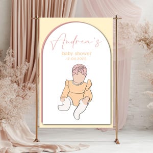 Letrero de baby shower de niña rosa y amarillo, baby shower boho, póster con ilustración dibujada a mano, letrero de bienvenida al evento, plantilla de baby shower de niña