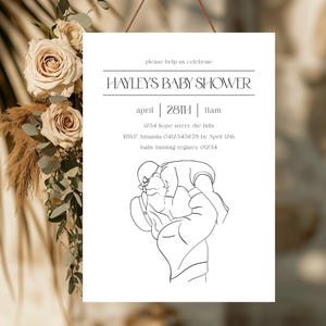 Mum and baby baby shower invitation, editable template, hand drawn illustration, mum to be, soon to be mom, special event stationary