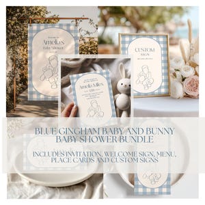 Blauwe pastel baby en konijn illustratie baby shower briefpapier bundel, afdrukbare uitnodiging, welkomstbord, menu, aangepast bord, plaatskaart