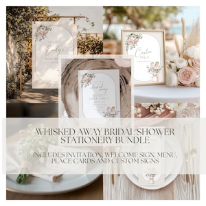 May include: A collection of bridal shower stationery featuring floral and bunny ear designs. Includes invitations, welcome signs, menus, place cards, and custom signs. The signs have a gold frame and are decorated with flowers. The stationery bundle is perfect for a bridal shower.
