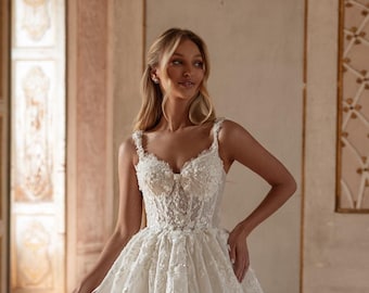 3D Floral Lace Wedding Dress, Elegant Princess Bridal Gown