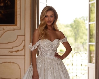 3D Floral Lace Wedding Gown, Beaded Corset, Tulle A-Line Skirt