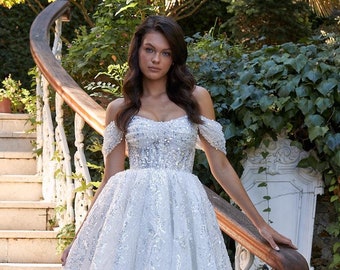 Vestido de novia con corsé y hombros descubiertos, vestido de encaje con cuentas, tela brillante