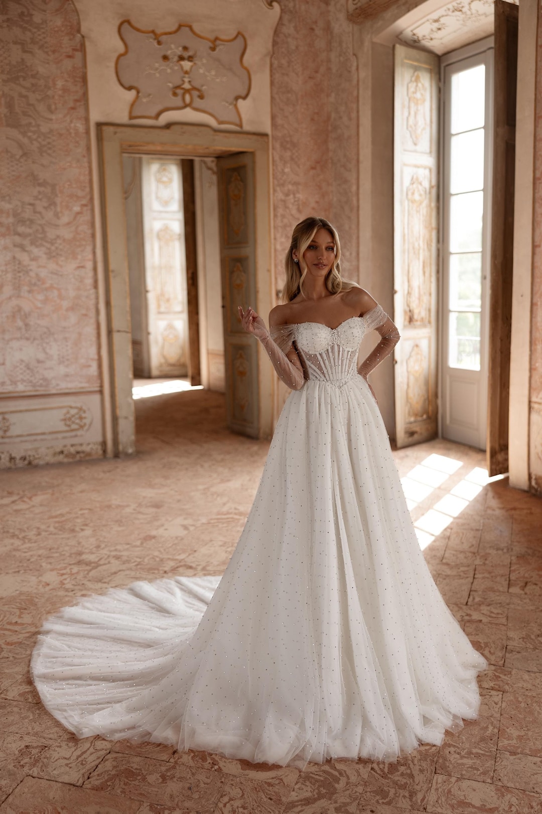 beaded off shoulder wedding dress Off-the-Shoulder Long Mermaid Wedding Dresses with Beaded