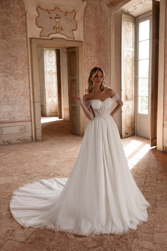 Off-shoulder Beaded Corset Wedding Gown, Pearl Crystal A-line Bridal Dress  - Etsy Canada