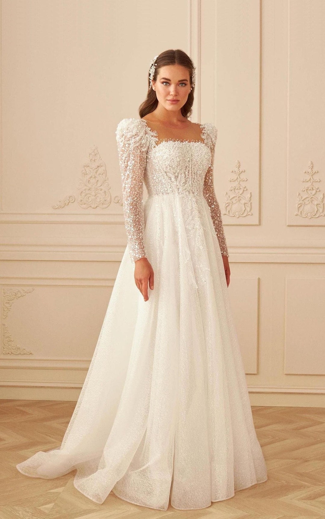 wedding dress lace sleeves tulle skirt A-Line Sweetheart Long Sleeves Elegant Tulle Wedding Dresses With Appliques Lace, Diamond White / 18