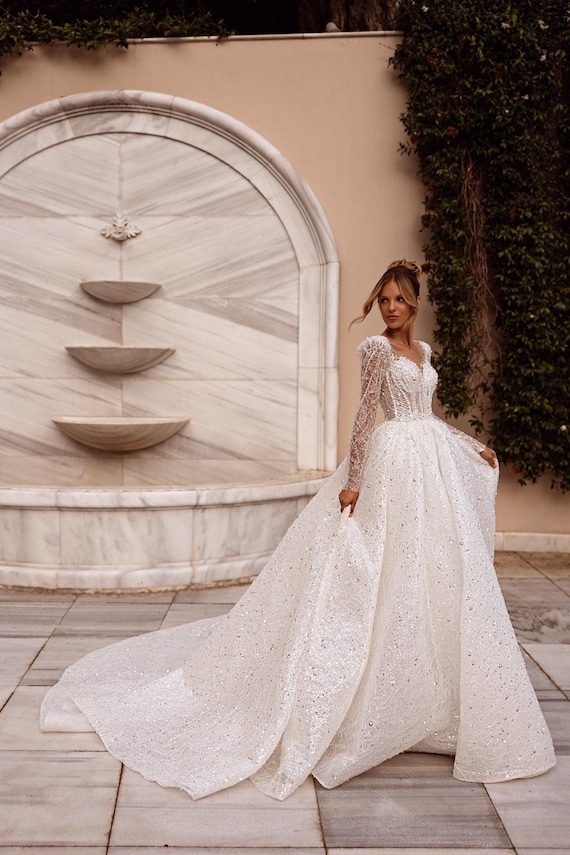 Vagzalli Princess Wedding Dress, Beaded Lace Long Sleeve Bridal Gown Vagzalli Princess Wedding Dress, Beaded Lace Long Sleeve Bridal Gown