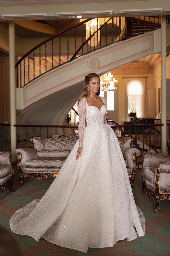Lace Sleeve A-Line Wedding Dress, Beaded Corset Gown