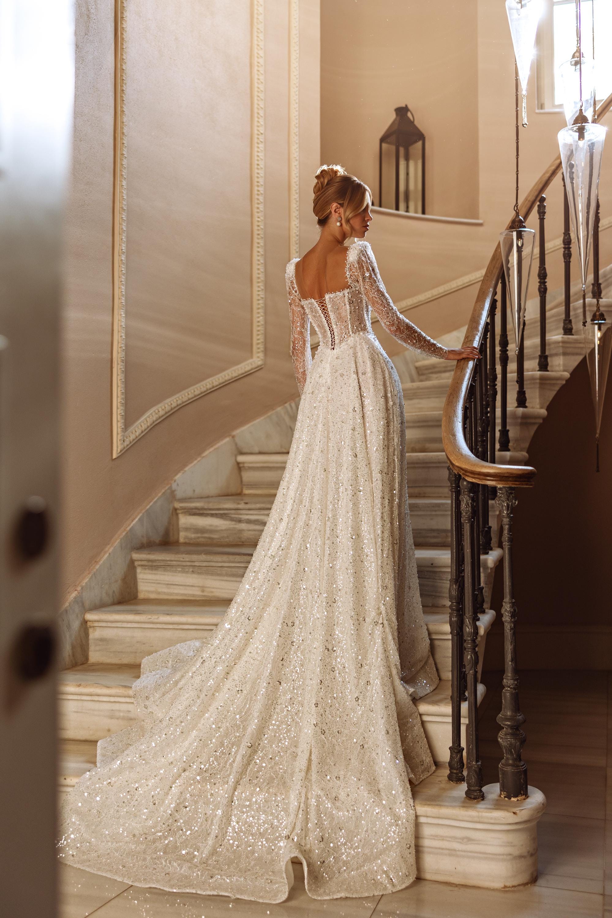Lace A-Line Wedding Dress, Pearl Embellished Square Neck Bridal Gown Lace A-Line Wedding Dress, Pearl Embellished Square Neck Bridal Gown