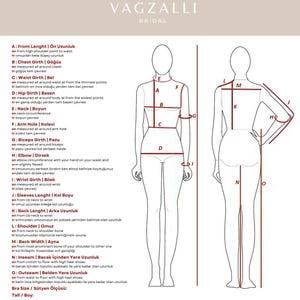 Op de afbeelding: Diagram met instructies voor het nemen van lichaamsmaten voor een jurk. Het diagram toont een vrouw die staat met lijnen die aangeven waar te meten voor de lengte van de voorkant, de borstomvang, de tailleomvang, de heupomvang, de nek, de armsgat, de bicepsomvang, de elleboog, de polsomvang, de mouwlengte, de ruglengte, de schouder, de rugbreedte, de binnenbeenlengte en de totale lengte.