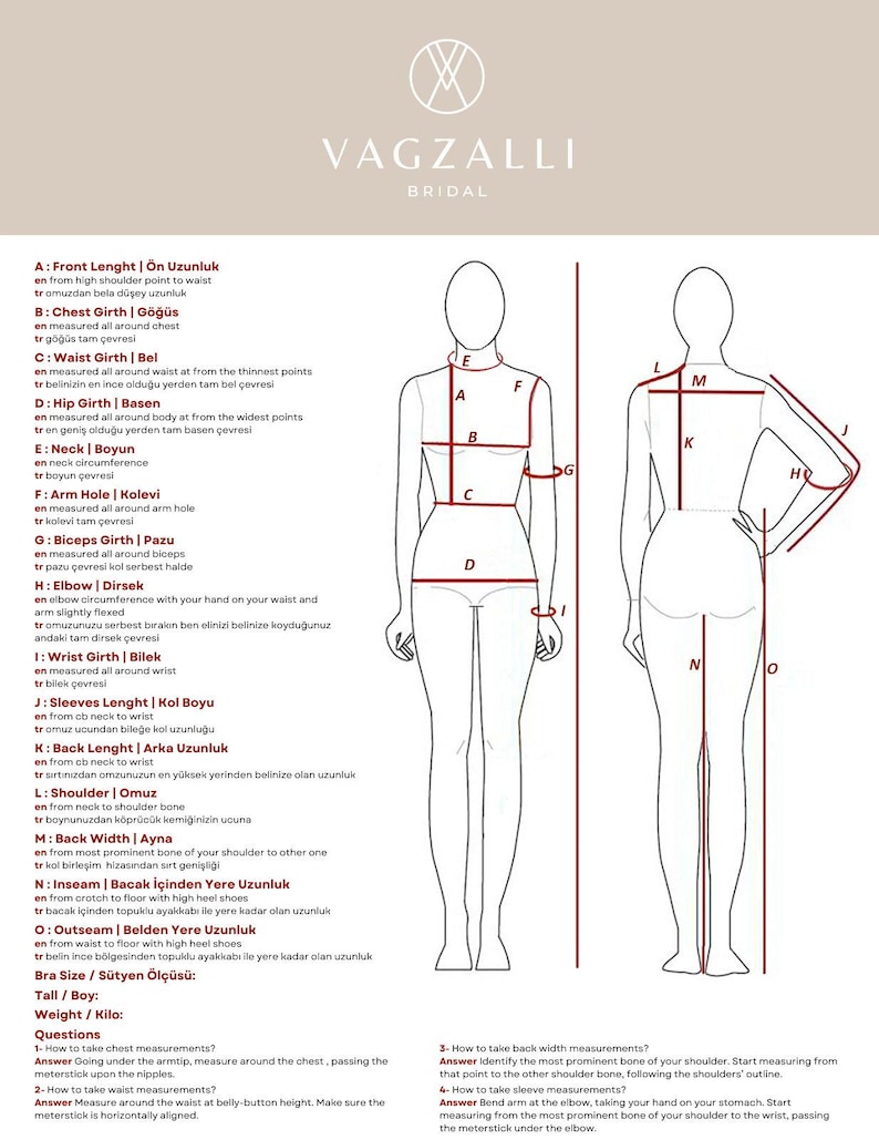 Op de afbeelding: Diagram met instructies voor het nemen van lichaamsmaten voor een jurk. Het diagram toont een vrouw die staat met lijnen die aangeven waar te meten voor de lengte van de voorkant, de borstomvang, de tailleomvang, de heupomvang, de nek, de armsgat, de bicepsomvang, de elleboog, de polsomvang, de mouwlengte, de ruglengte, de schouder, de rugbreedte, de binnenbeenlengte en de totale lengte.