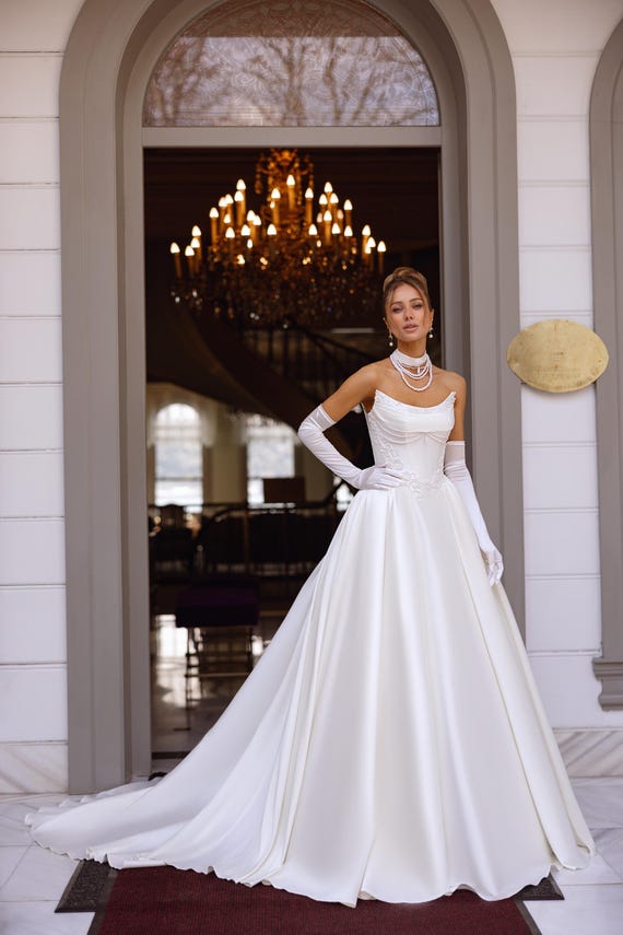 satin and lace a line wedding dress A-line High Neck Satin Lace Wedding Dress with Pockets