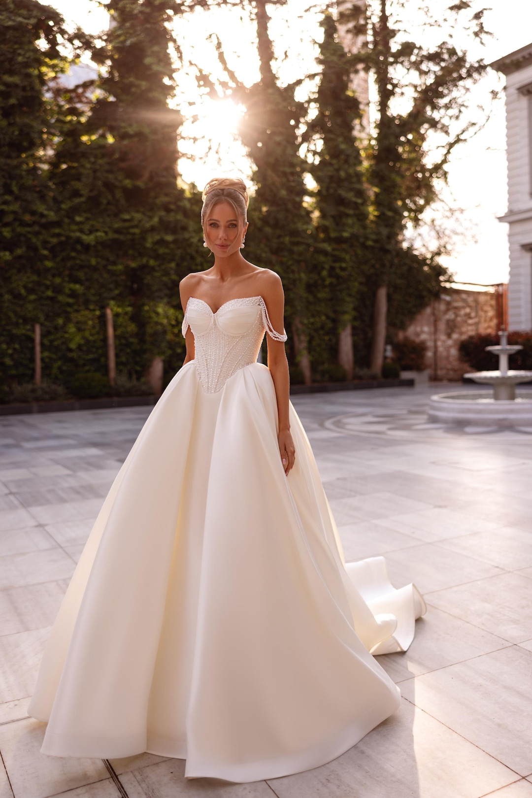 corset beaded wedding dress Long Bridal Corset Beaded Sequin Overskirt Wedding Dress main image 1