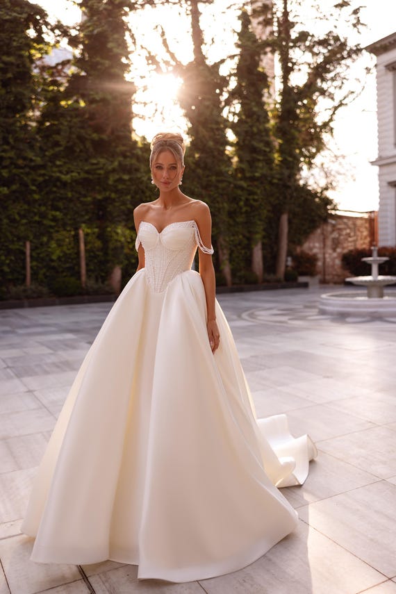 Beaded Lace Corset Wedding Dress, Shimmering Satin A-Line Gown
