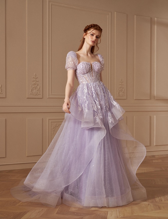 Lilac Evening Dress, Sparkling Lace Engagement Dress With Detachable  Sleeves - Etsy Australia