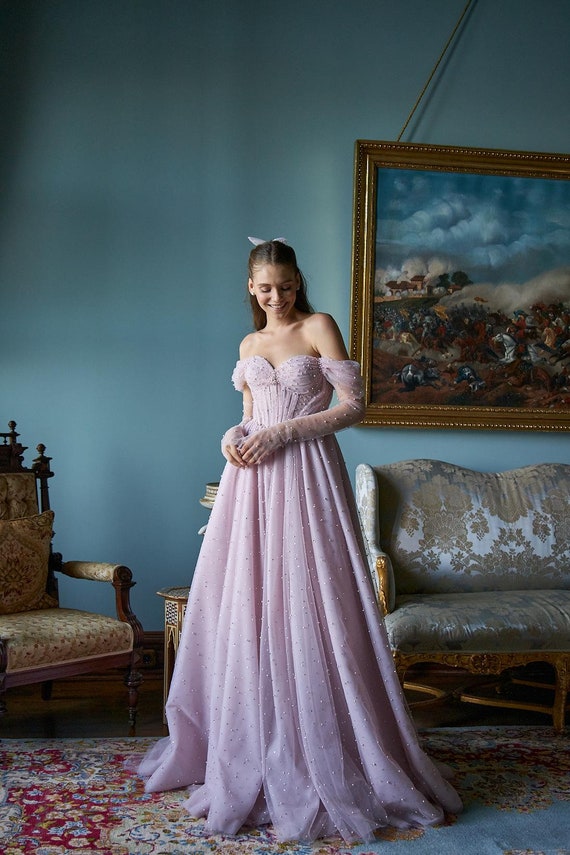 Pink Engagement Gown - Pearl & Stone Embellished Bridal Dress, Draped Corset