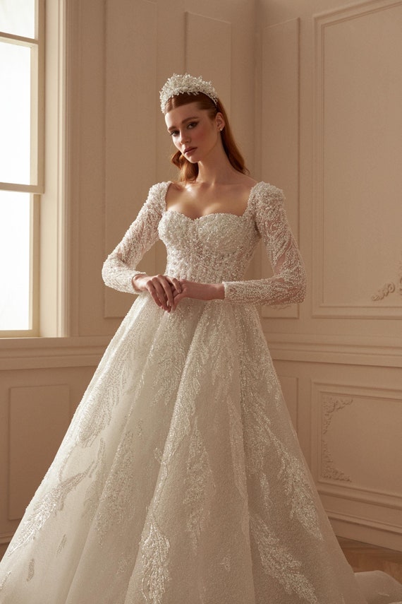 Vestido de novia corte A con perlas y cristales, vestido de encaje