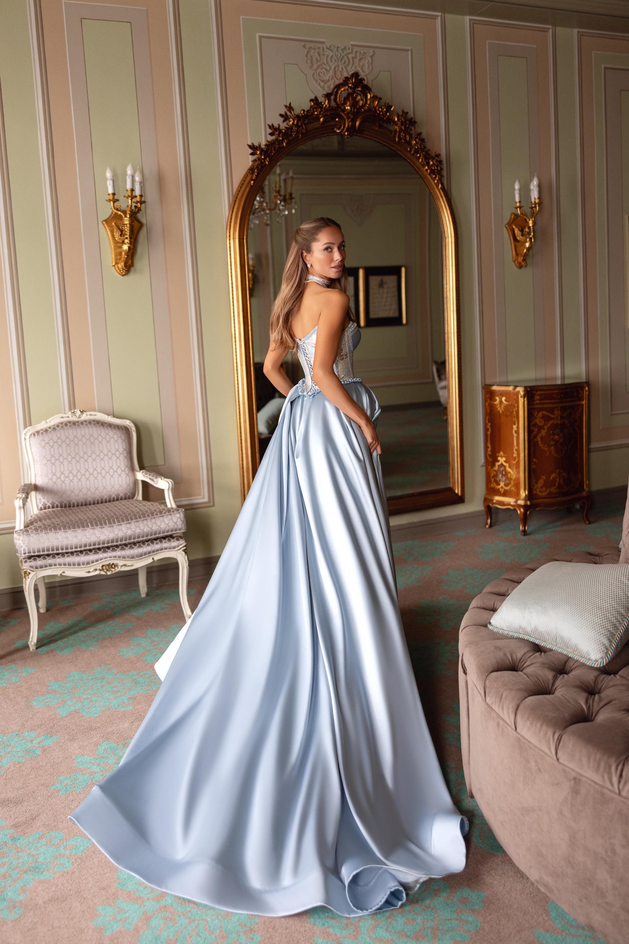 light blue engagement dress Princess Light Blue 3D Floral Lace V-Neck A-Line Long Prom Dress  Modsele