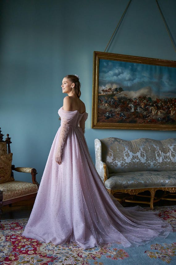 Pink Engagement Gown - Pearl & Stone Embellished Bridal Dress, Draped Corset
