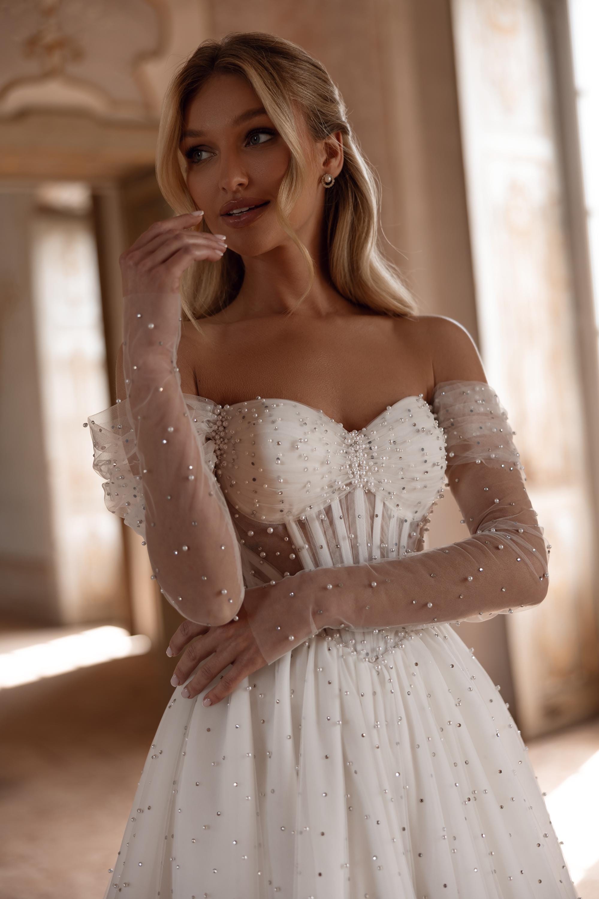 Off-shoulder Beaded Corset Wedding Gown, Pearl Crystal A-line Bridal Dress  - Etsy