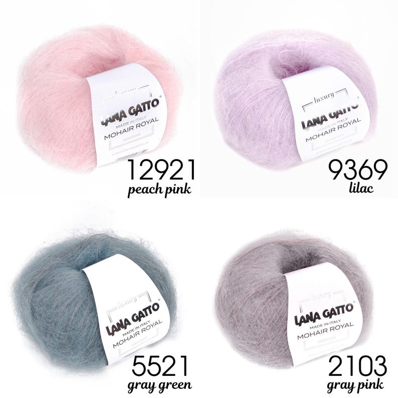 May include: Four balls of yarn in different colours: peach pink, lilac, grey green, and grey pink. Each ball has a label that says "Lana Gatto" and "Mohair Royal".
