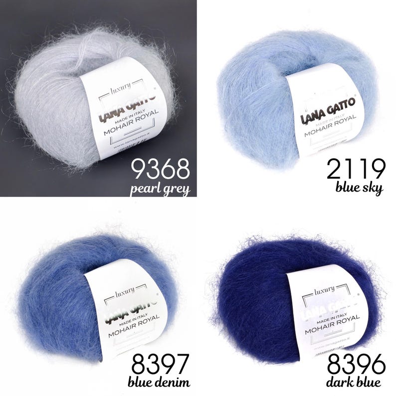 May include: Four skeins of Lana Gatto Mohair Royal yarn in different colours: pearl grey, blue sky, blue denim, and dark blue. Each skein is labelled with the brand name and the colour name.