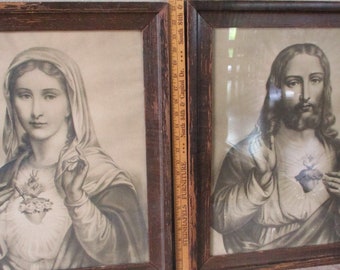 reduced!! PAIR of LARGE antique prints of Jesus and Mary framed and behind glass