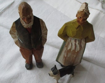 antique folk art, carved wooden couple and dog, Germany