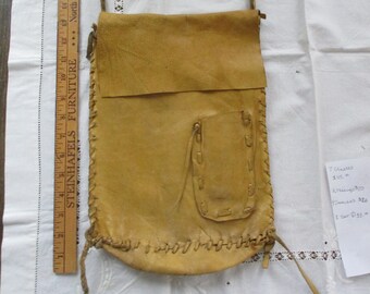 Vintage yellow leather hippie bag, handmade fringe hunting bag, rustic leather shoulder bag