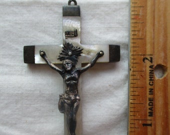 large mother of pearl sterling engraved Crucifix